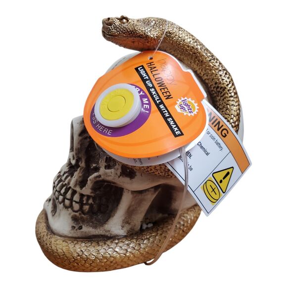 Ceramic Skull Winding Snake Decor Light Up Halloween Figure Skeleton Head NWT - Picture 4 of 10